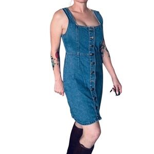 Urban Outfitters Denim Mini Dress Blue Button Front Square Neck Sleeveless M